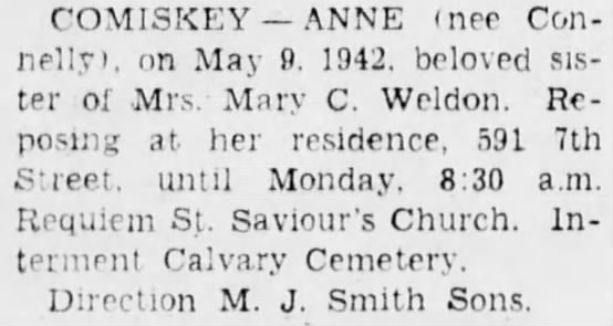 Obit Anne Comiskey 10 May 1942