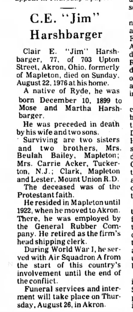 Clair E. "Jim" Harshbarger-Obituary-25 August 1976