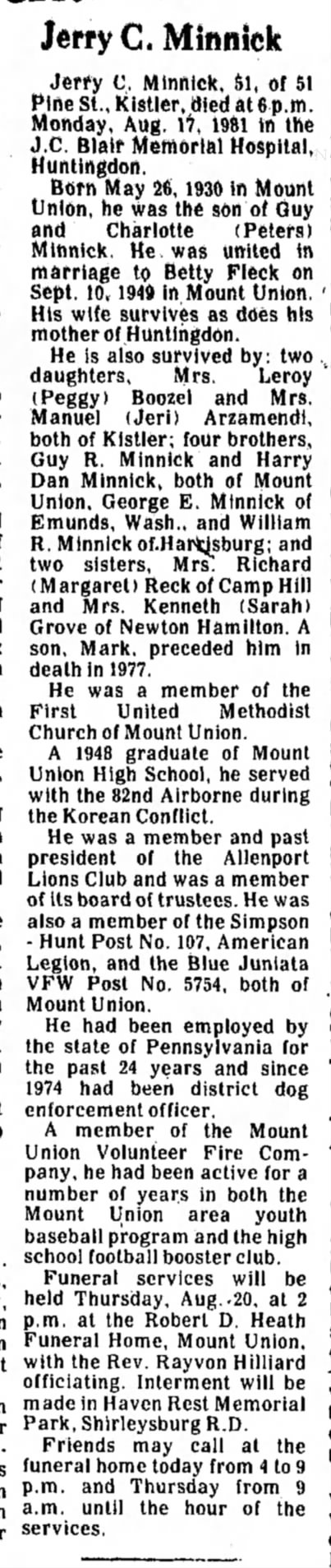 Jerry Minnick-Mt. Union-obit-TDN-page 2-19 August 1981