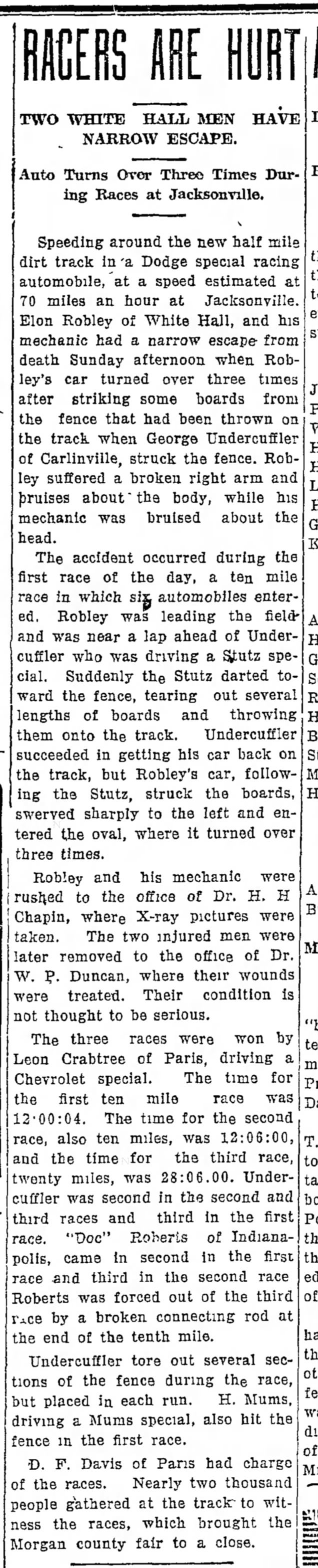 Elon Robley, White Hall, narrowly escapes death-Edwardsville Intelligencer, Illinois 6 Sep 1922