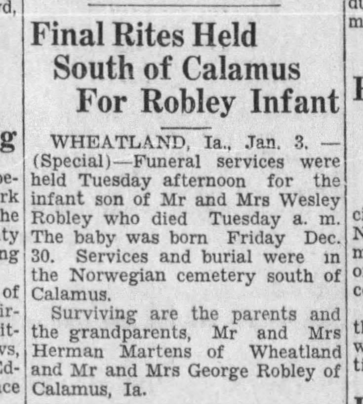 Infant son of Wesley Robley obit-The Daily Times Davenport Iowa 04 Jan 1933 p8