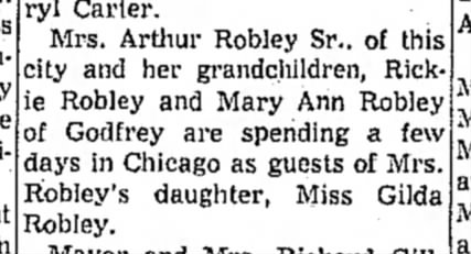 Mrs. Arthur Robley, Sr. visits Gilda-Alton Even. Telegram-7 July, 1959, page 3