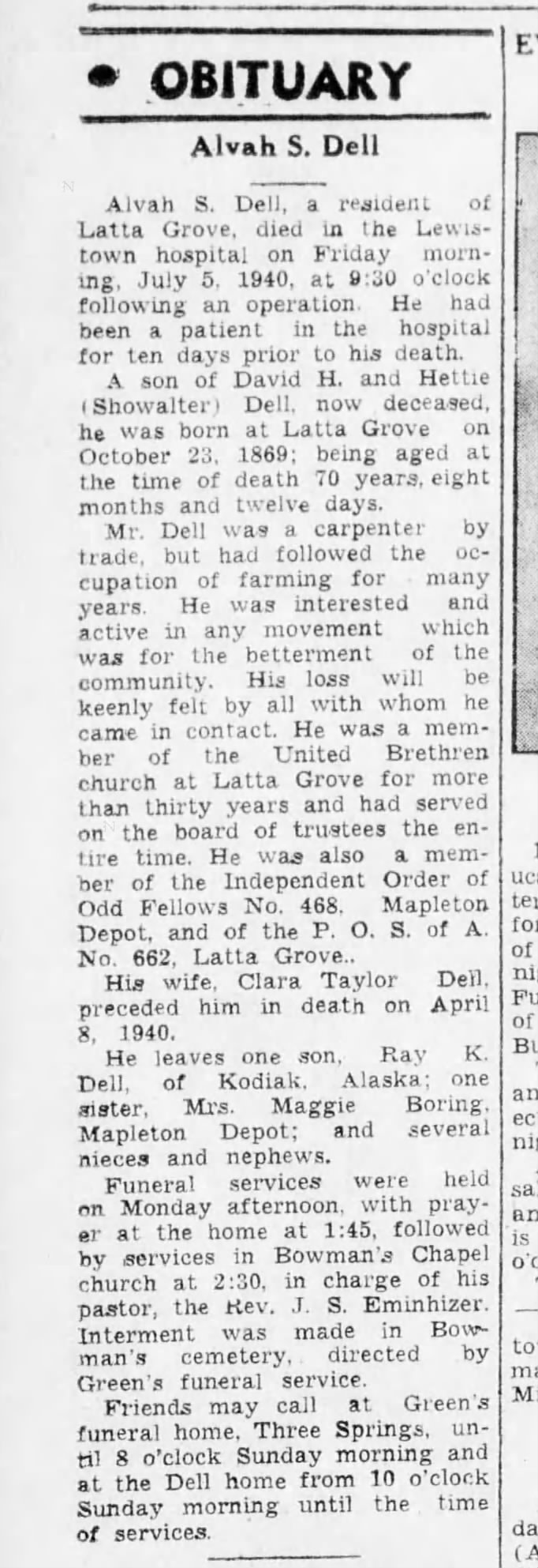 Alvah Dell obit-Mount Union Times-11 Jul 1940