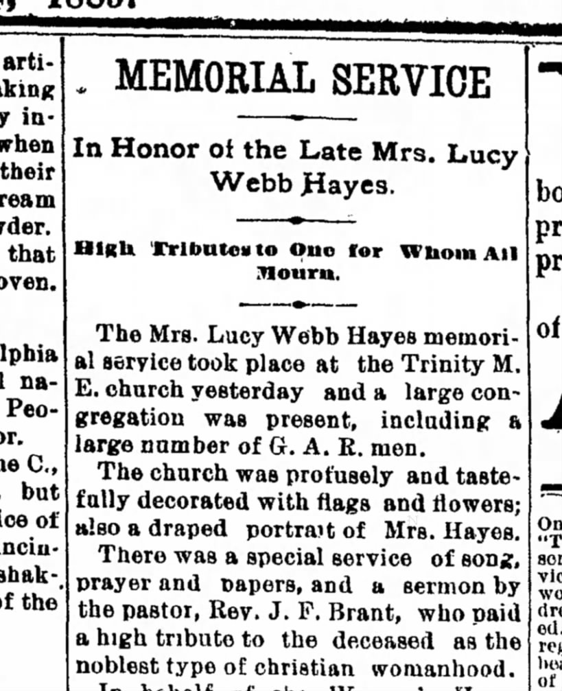 Lucy Hayes Memorial-Sandusky Register, Ohio-p.4-8 July 1889