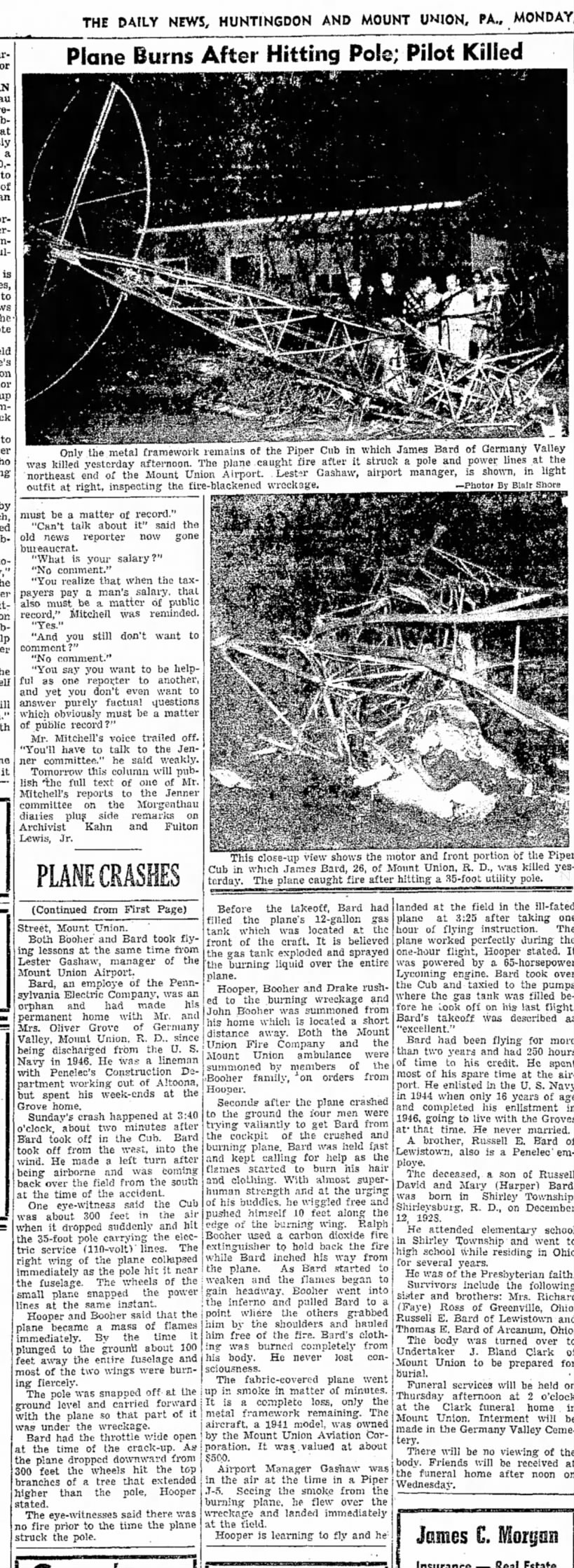 James Bard dies in plane wreck-TDN-p.12-18 Oct 1954 continued