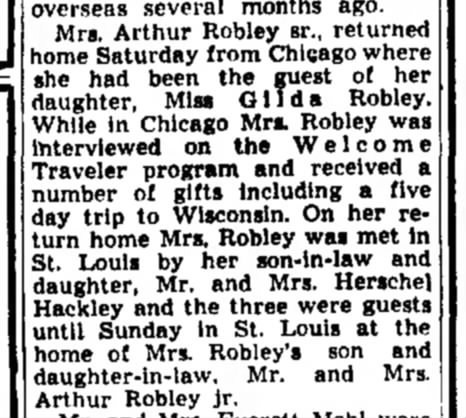Mrs. Arthur Robley, Sr. - on Welcome Traveler program-Alton Evening Telegraph-p.12-1 Oct 1952