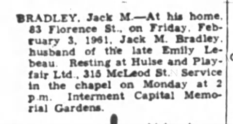 Jack M. Bradley dead Feb 1st 1961