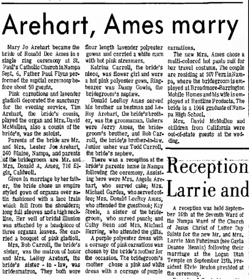 1972-09-30 RonnieAmes weds MaryJoArehart IdahoFreePress_p11
