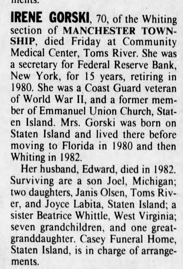 Gorski, Irene - Obituary - 17 Dec 1990