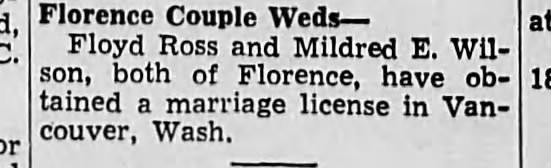 Floyd Ross and Mildred E Wilson marriage license Sept 1941