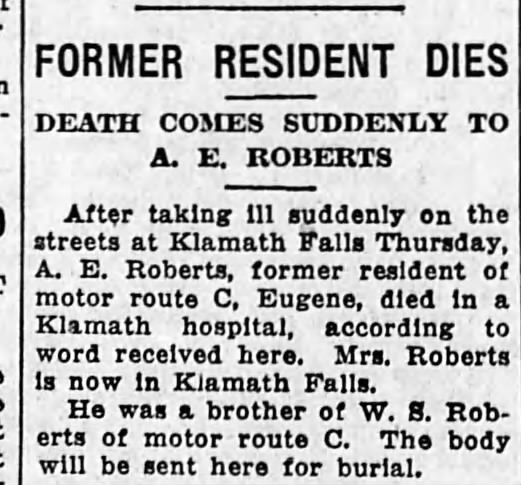 A.E. Roberts dies in Klamath Falls