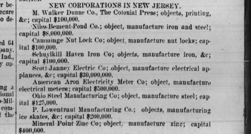 P Lowentraut, New Corporation in NJ
The Wall Street Journal (New York, NY) Aug. 18, 1899 Page 4