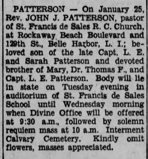 Rev. John J Patterson's obituary