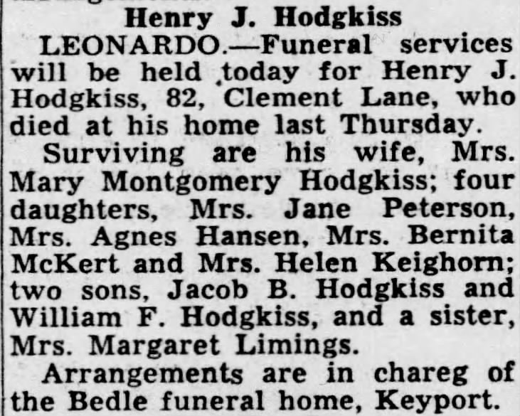 Henry J Hodgkiss obituary 12 May 1947 APP