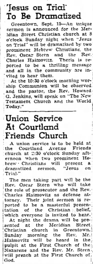 Oscar Stern "Jesus on Trial", The Kokomo (IN) Tribune, 16 Sep 1949, page 26 column 7