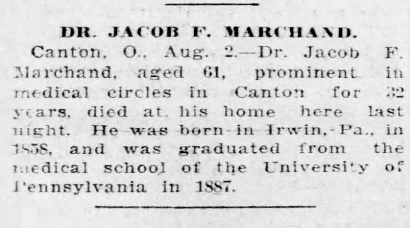 Jacob F Marchand, Pgh Press 2 Aug 1919