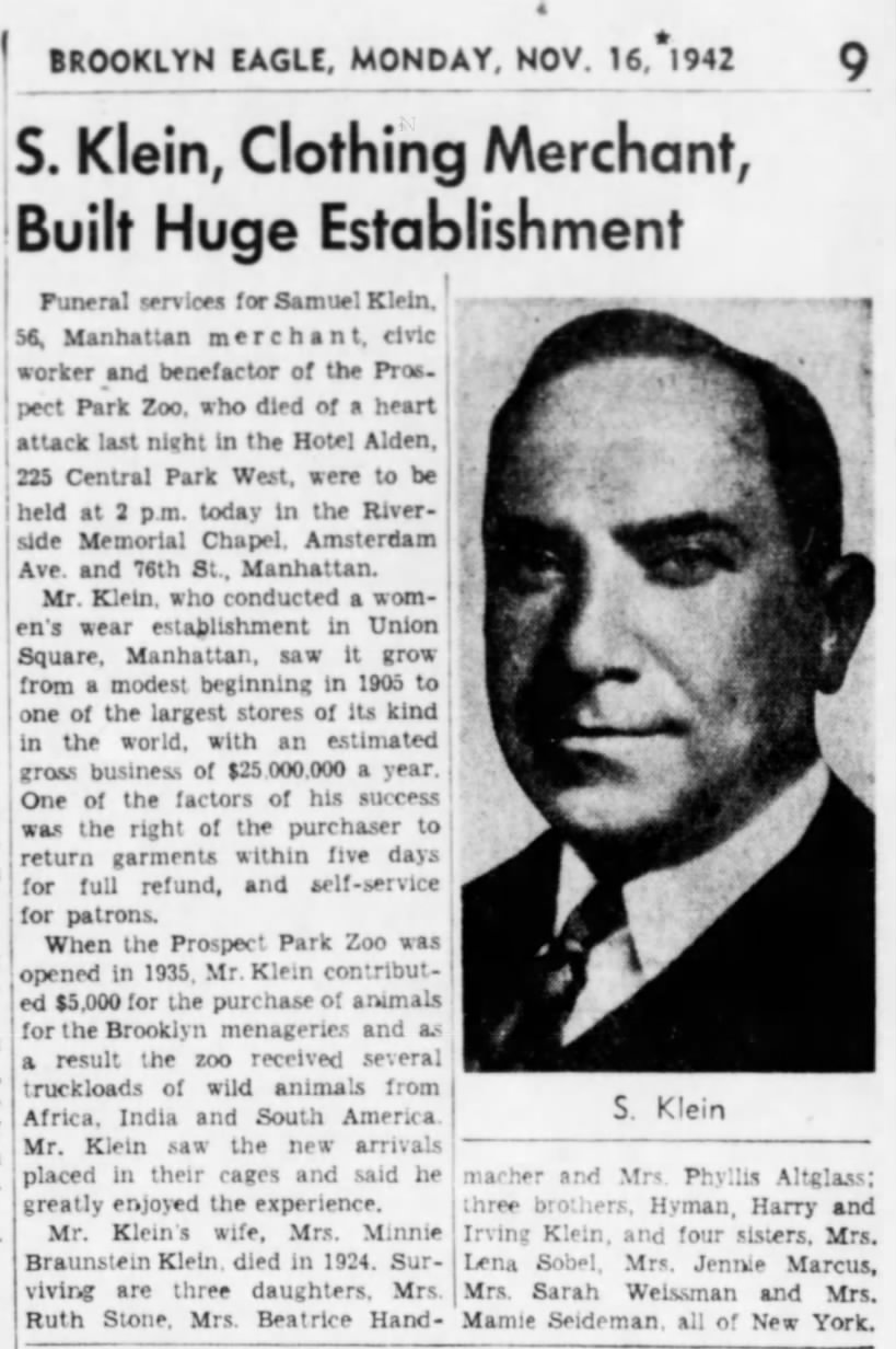 Obituary of Samuel Klein, Brooklyn Eagle, 1942