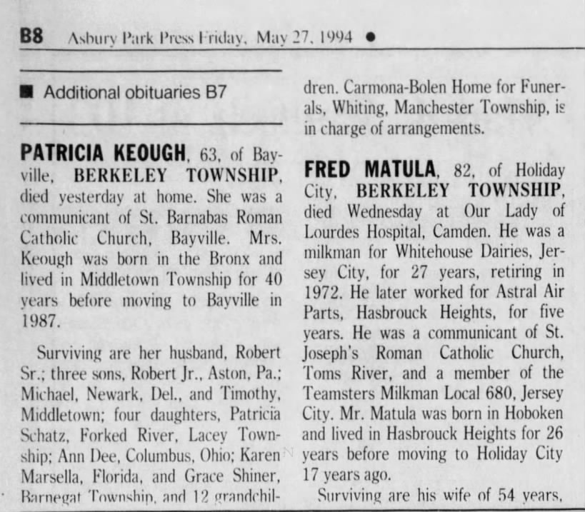 OBIT-Patricia Keough (Robt's wife); APP, 27 May 1994; Pg. B8, Cols 1-2