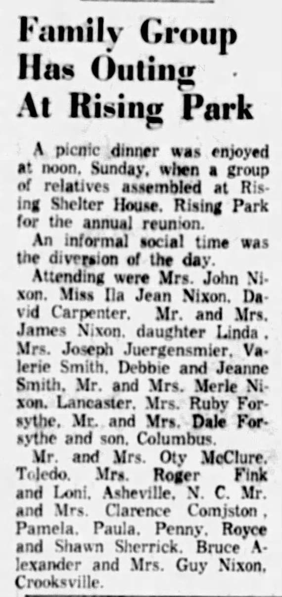 Family Reunion at Rising Park 09 July 1972
Lancaster Eagle Gazette dtd 10 July 1972