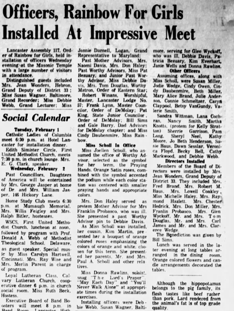 Rainbow for Girls Installation, January 1972
Lancaster Eagle-Gazette 01 Feb 1972
