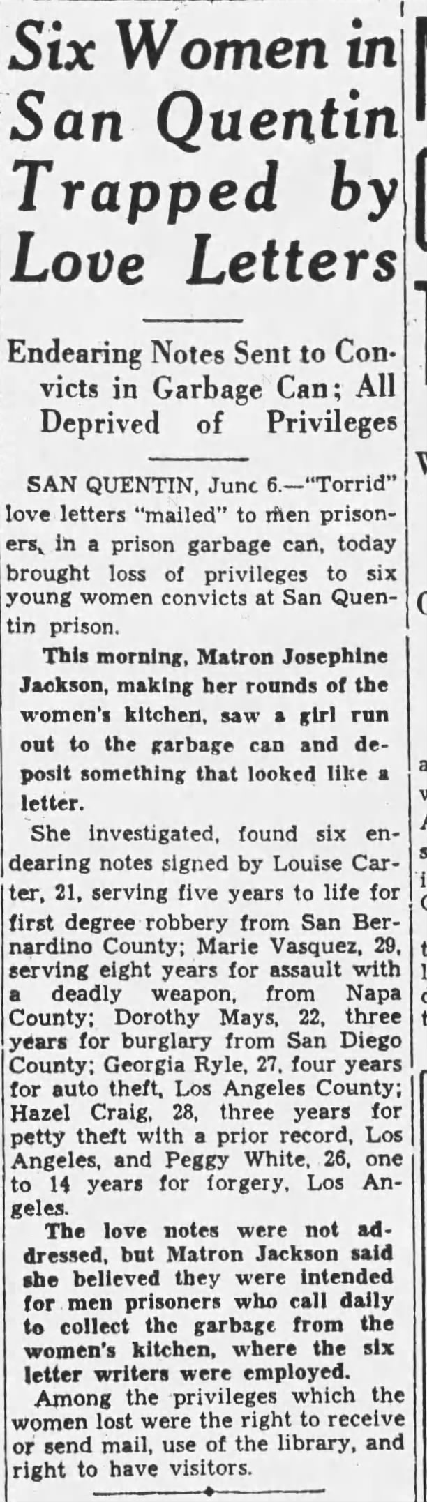 1933-06-06 San Quentin women send love letters in garbage cans