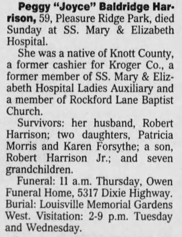 Peggy "Joyce" Baldridge Obituary 6 July 1993
