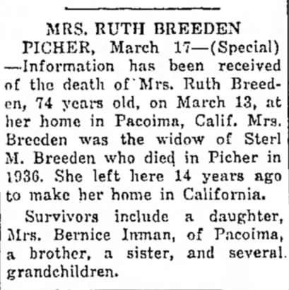 Ruth Platts Victor Breeden Obituary
Miami DAily News Record (17 Mar 1955)