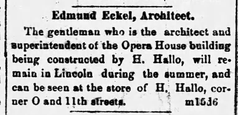 Eckel, Edmund archt of St. Joe MO, in LNE for Hallo Opera hs 1873 NSJ 16Mar1873 p4