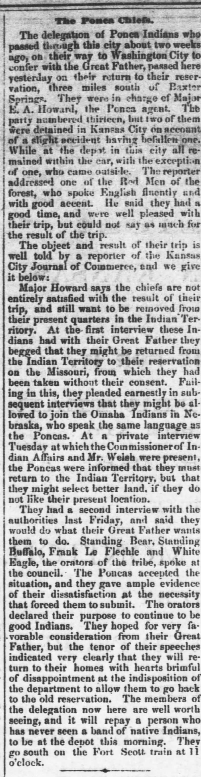 Fort Scott (KS) Daily Monitor, 23 Nov 1877 p. 4 returning from WDC disapp'ted