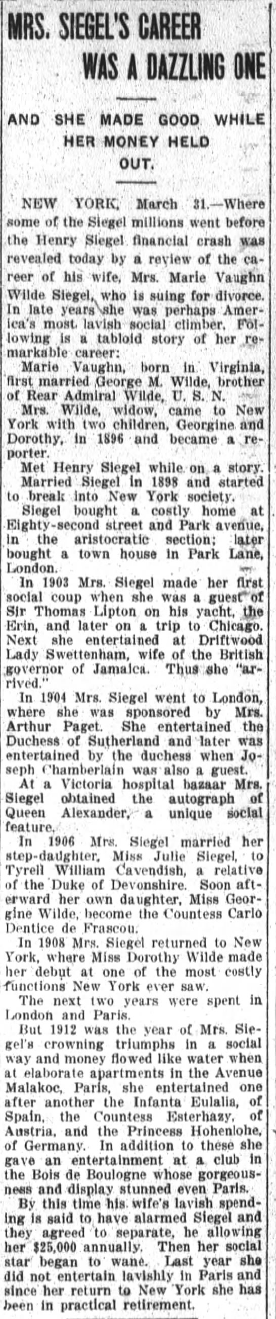 Mrs Henry Siegel 1914 - career