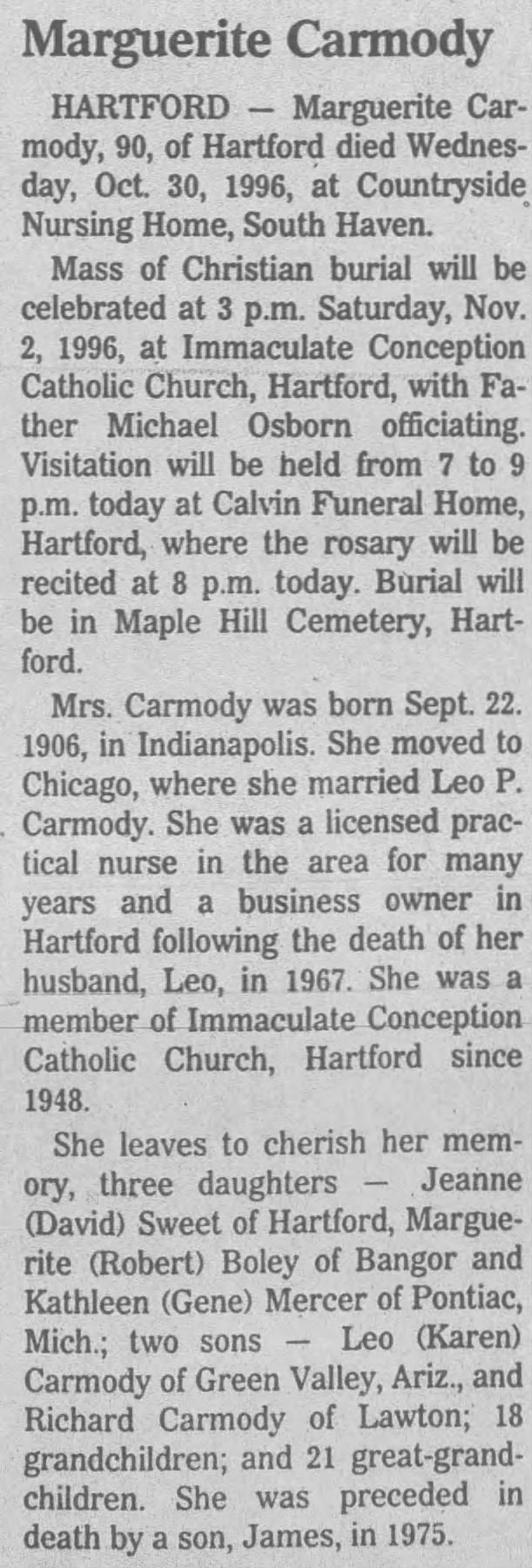 Marguerite Carmody obituary 1996