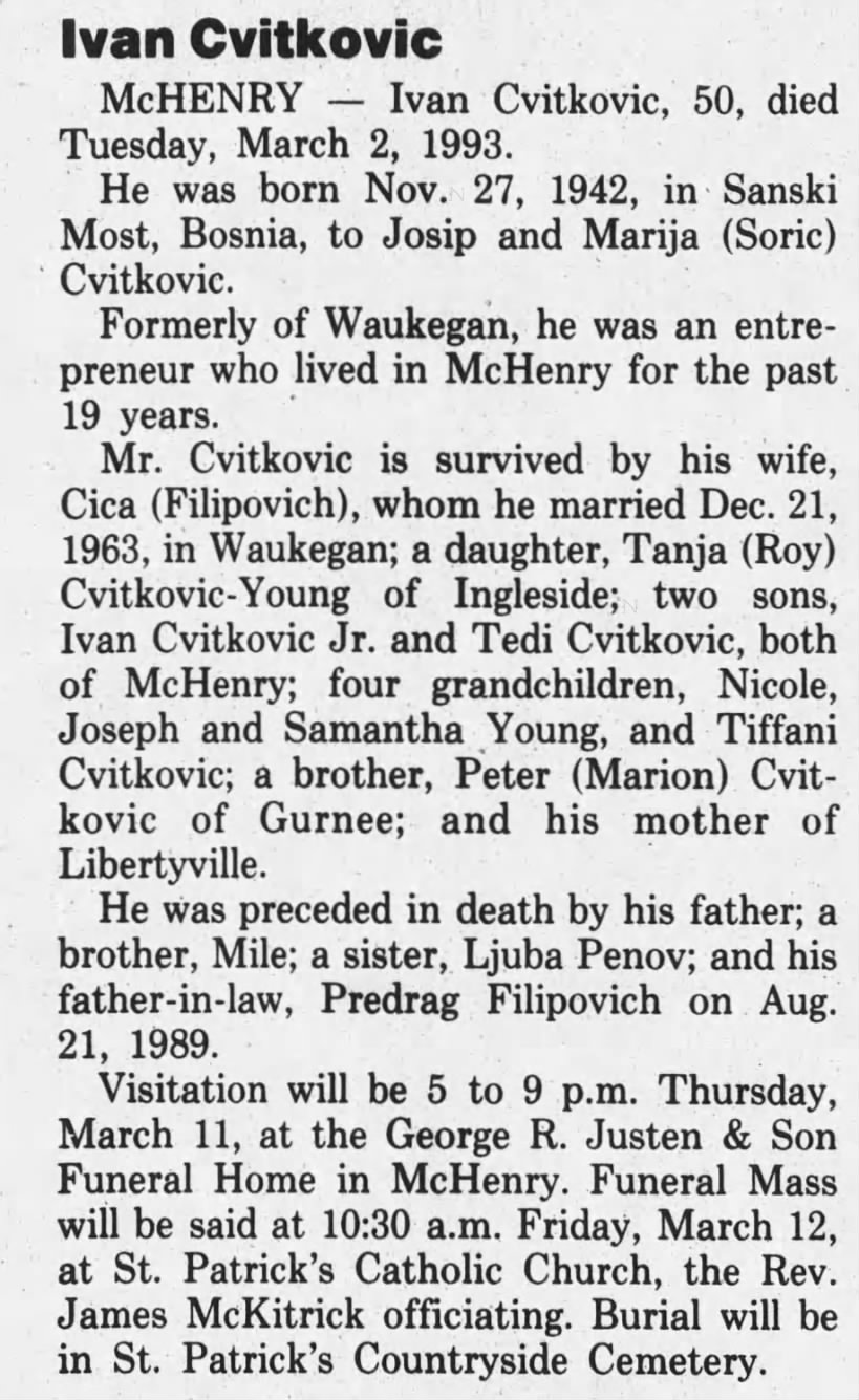 Obituary for Ivan Cvitkovic, 1942-1993 (Aged 50)