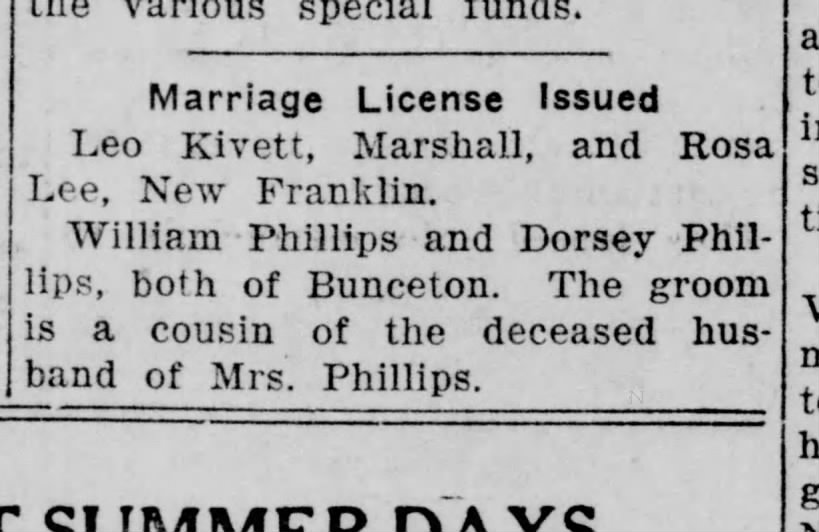 Sedalia Democrat 3 Aug 1931 William Phillips and Dorsey Phillips Marriage License