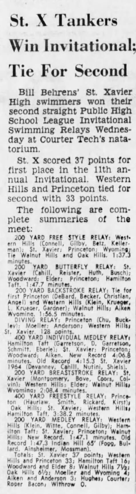 15 Dec 1966 - St X swim team wins the Public High School Relays at Courter Tech