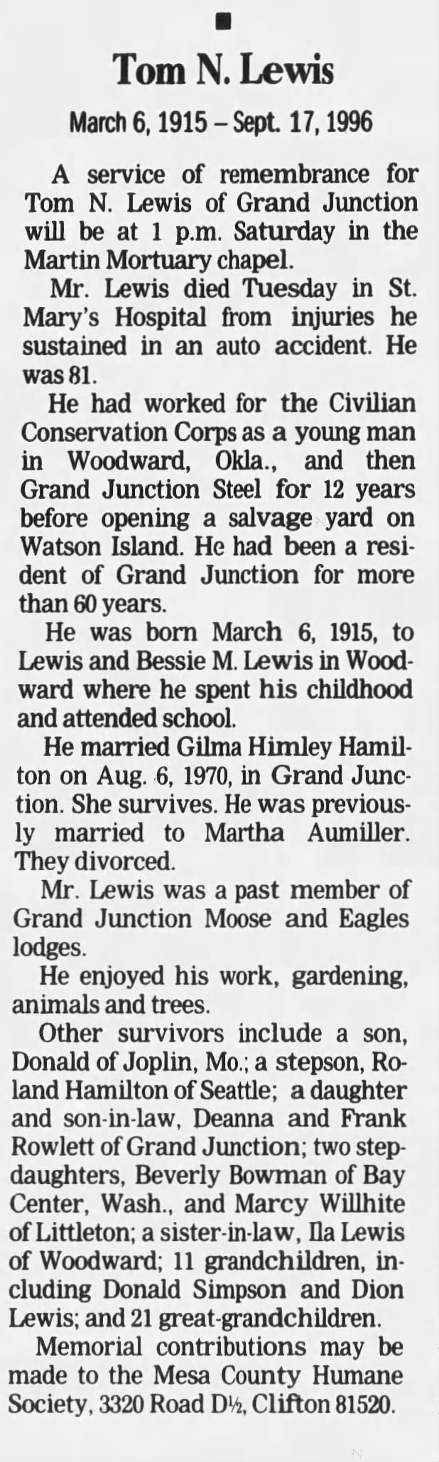 Obituary for Tom N. Lewis, 1915-1996 (Aged 81)