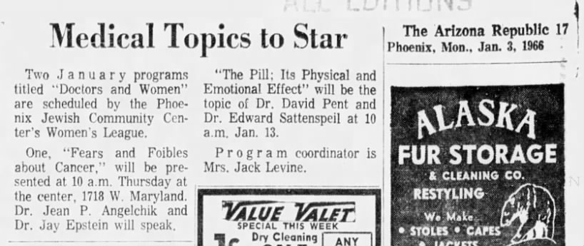 Dr. David Pent presentation on "the pill" Arizona Republic (Phoenix, AZ) 3 Jan 1966