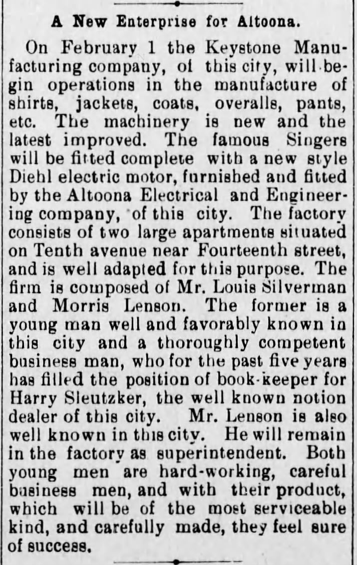 Morris starts new business in Altoona! 1 January 1898