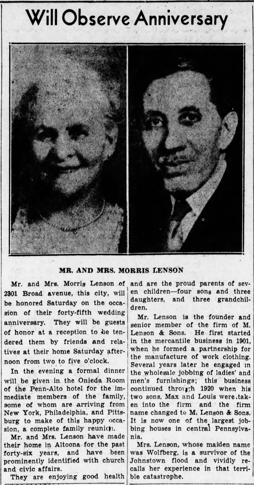 Morris and Anna Lenson's 45th Wedding Anniversary-23 December 1937