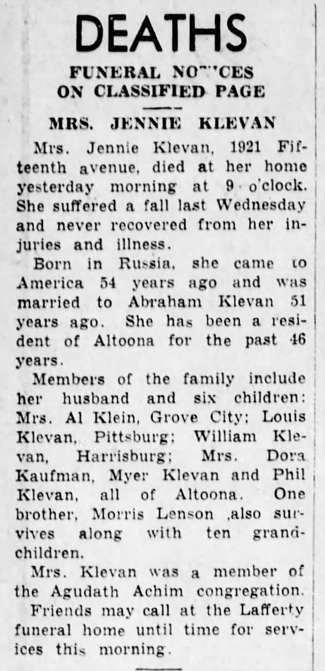 Jennie Lenson Klevan's death notice--22 December 1941