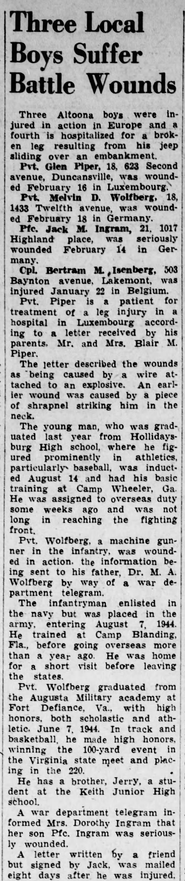 Pvt. Melvin wounded in action-6 March 1945