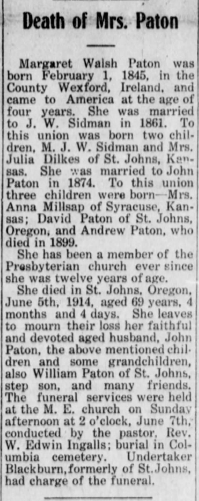 Death of Mrs. Paton