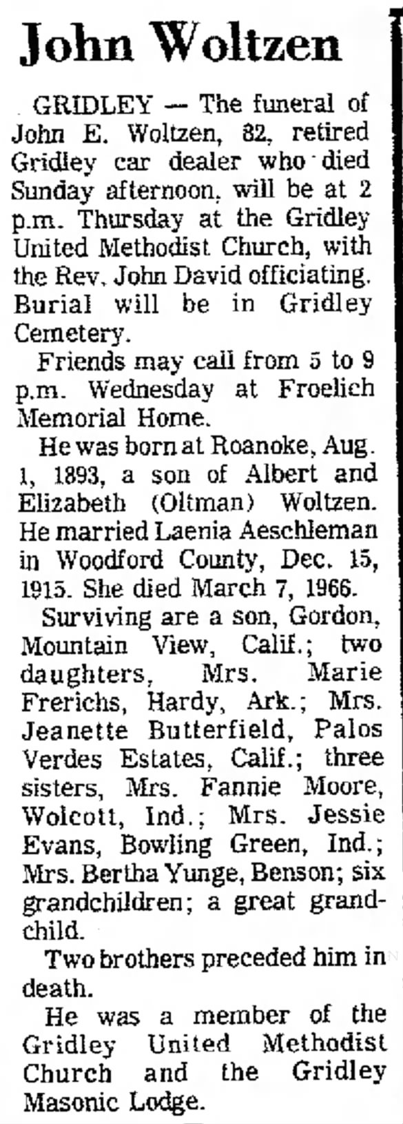 John Elick Woltzen obituary - The Daily Leader, Pontiac, IL - 9 Sep 1975, page 12