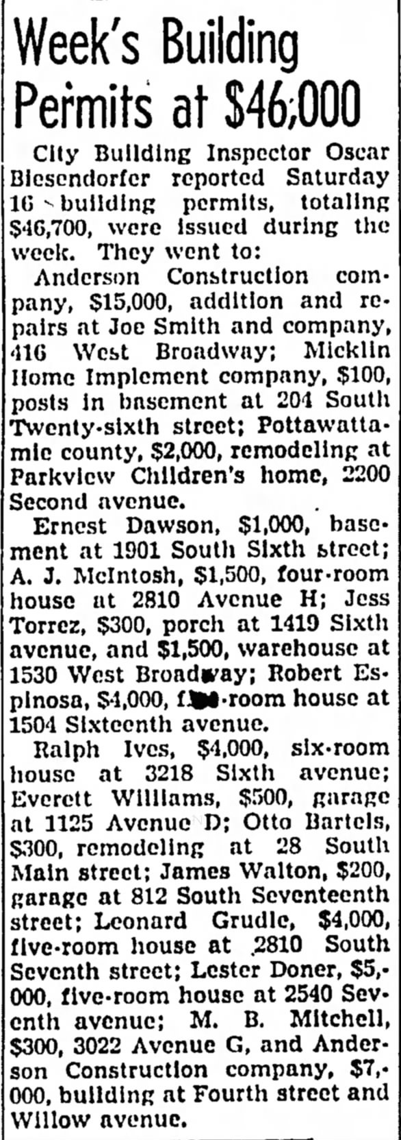 Week's Building Permits at $46,000 - Council Bluffs Nonpareil - 11 Apr 1948, page 24