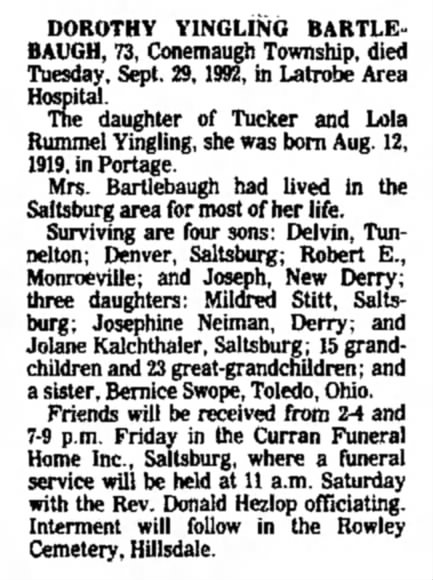 Dorothy Yingling Bartlebaugh (1919-1992) Obituary