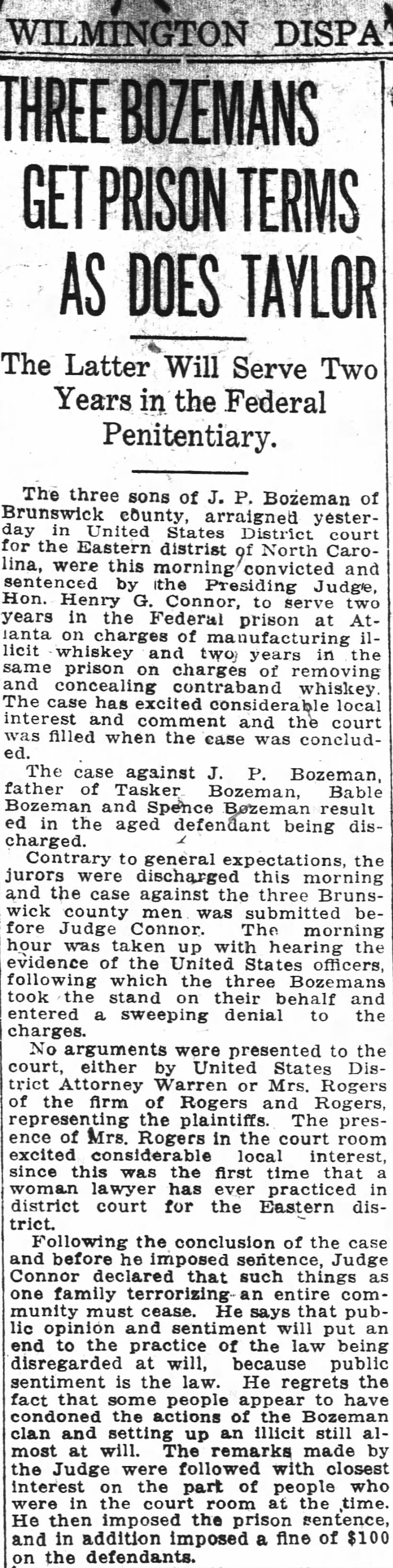 Wilmington Dispatch 21 Nov 1919 Bozeman Boys sentenced to Penn