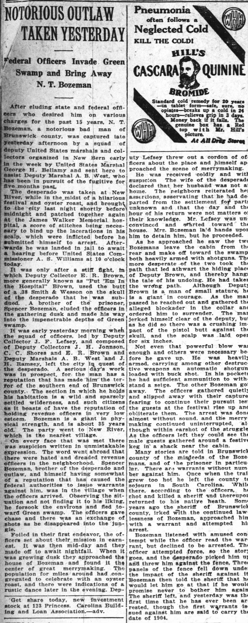 Wilmington Morning Star 8 Nov 1919 Outlaw N.T. Bozeman captured