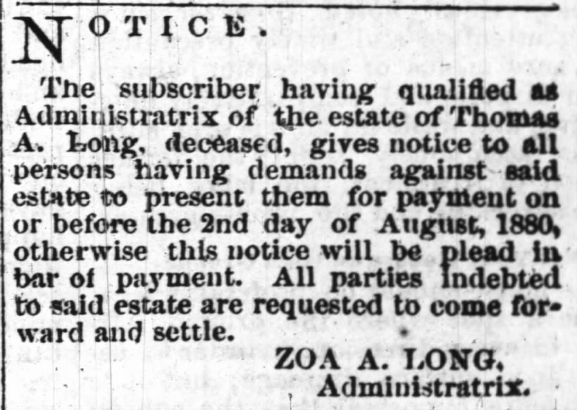 Long, Thomas Anderson, notice of payment