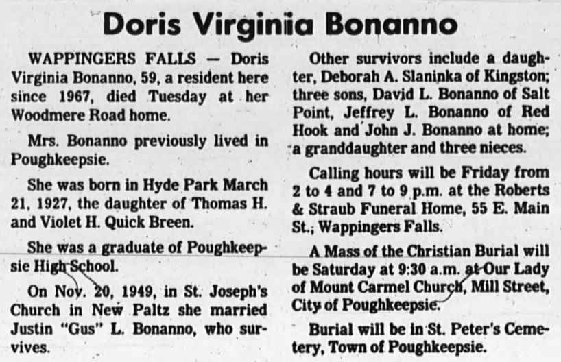Obituary of Doris Virginia Bonanno