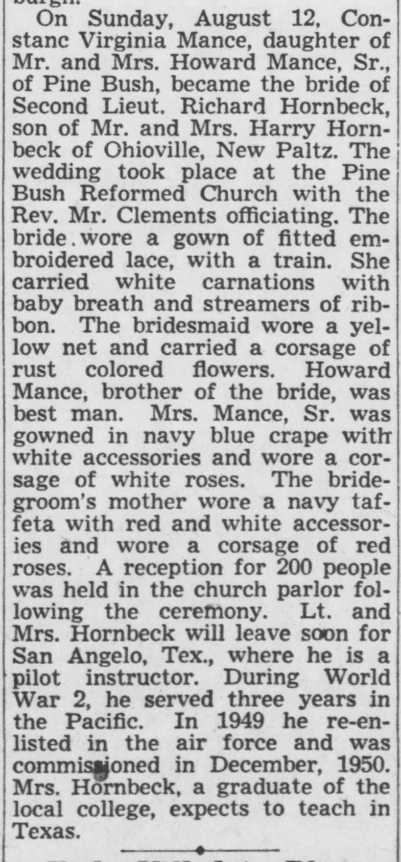 Wedding of Constance Mance and Richard Hornbeck, Kingston Daily Freeman August 25, 1951 (Page 10)
