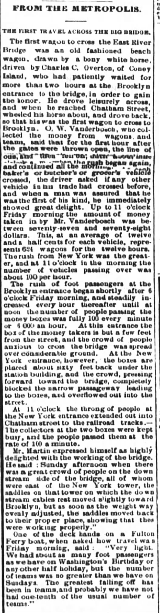 First to Cross Brooklyn Bridge (1883)